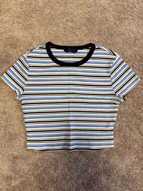 SHEIN Black & Light Blue Striped Ribbed Crop Tee